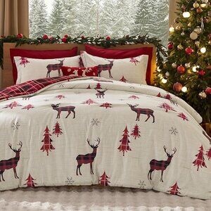 3 Pieces Christmas Comforter Set Queen Reversible Buffalo Check Printed Holiday
